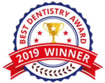 2019 Best Dentistry Award winner badge with gold trophy, red ribbon, and laurel wreath accents