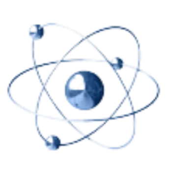 Blue metallic atom model with nucleus and orbiting electrons on black background