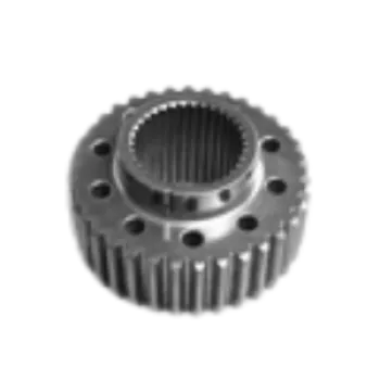 Close-up of a metal gear with teeth and circular holes, used in machinery and mechanical systems