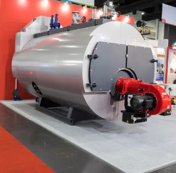 Large industrial boiler with red burner and metal body displayed indoors at trade show.