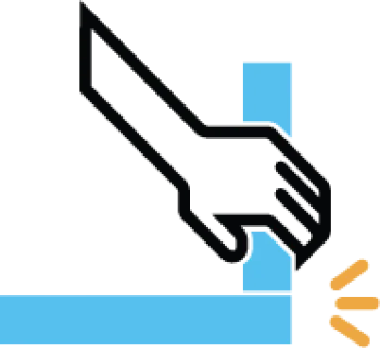 Black hand holding blue vertical bar above a blue horizontal bar with orange lines on black background.