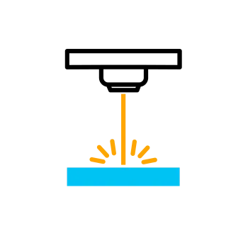 Illustration of laser cutting process with laser beam directed at blue material emitting sparks.
