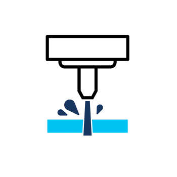 Blue water faucet with drops and two blue rectangular shapes below on white background