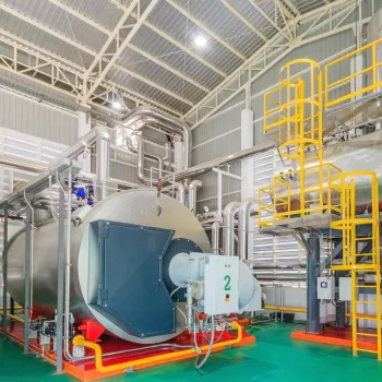 Industrial boiler and heat exchanger system with yellow safety railings inside a factory setting