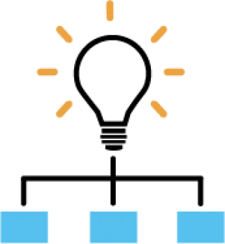 Logo of IBM with black letters and seven orange rays above, and three blue squares below.