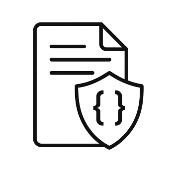Document icon with shield symbol displaying curly braces representing code protection or secure programming.
