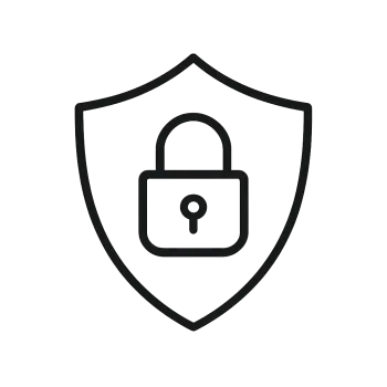 Black padlock icon centered on a shield outline symbolizing security and protection