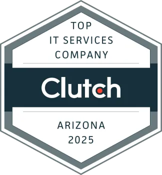 Hexagonal Clutch badge for top IT services company in Arizona 2025 with blue, white, and gray colors.