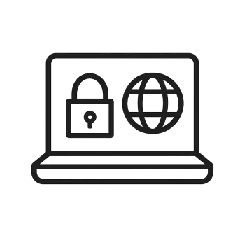Line art of laptop displaying a padlock and globe icon symbolizing online security and internet protection.