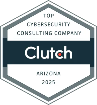 Hexagonal badge for Clutch recognizing top cybersecurity consulting company in Arizona for 2025.