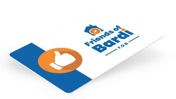 Colorful logo of Friends of Bardi featuring a house and thumbs up symbol on a card design.
