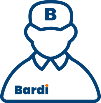 Line art illustration of a worker wearing a cap with the letter B and a shirt featuring the Bardi logo.