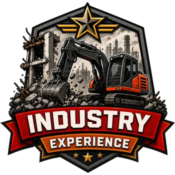 Illustration of an excavator demolishing a building with INDUSTRY EXPERIENCE text and a gold star emblem