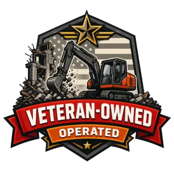Badge showing a veteran-owned operated construction excavator with American flag and star design