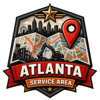 Atlanta service area badge featuring city skyline, construction equipment, map with location pin, and stars.