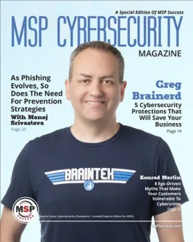 Man smiling wearing Braintek t-shirt on MSP Cybersecurity magazine cover with cybersecurity article highlights