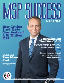 Professional man in suit smiling on the cover of MSP Success Magazine summer 2021 issue with business headlines.