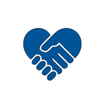 Blue handshake icon forming a heart shape symbolizing trust and partnership.
