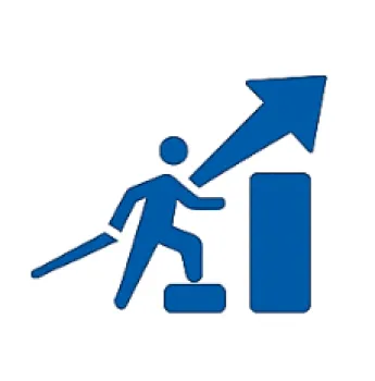 Blue icon of a person climbing steps with an upward arrow indicating growth or progress.