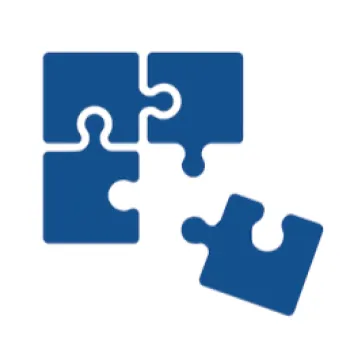 Blue puzzle pieces with one piece separated, symbolizing teamwork and problem solving.