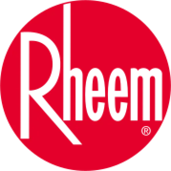 Rheem logo featuring bold black letters on a bright red circular background.