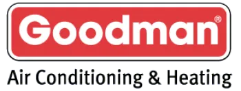 Goodman logo featuring air conditioning and heating services, with a bold red and white design.