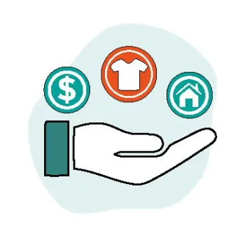 Illustration of a hand holding icons representing money, clothing, and housing needs on a light blue background.