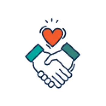 Illustration of two hands shaking with a red heart above symbolizing partnership and trust.