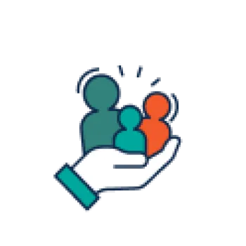 Hand holding three abstract people figures representing care and support for community or family.