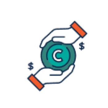 Two hands holding a copyright symbol coin with dollar signs representing intellectual property value.