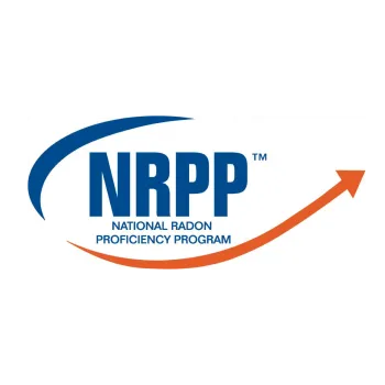 Logo of the National Radon Proficiency Program with blue and orange curved arrows.