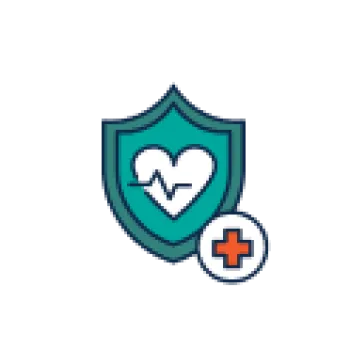 Shield with a heart and heartbeat line, plus a red medical cross symbol for health protection and care.