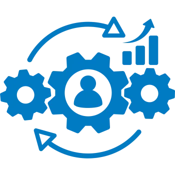 Blue gear icons with a user symbol and upward graph indicating productivity and process improvement