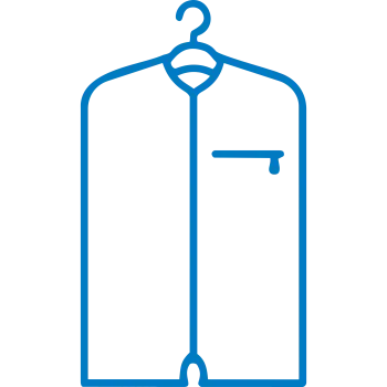 Blue line icon of garment bag with zipper on hanger for clothing protection and storage