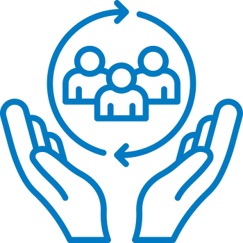 Blue line icon of two hands holding a circle with three people inside and arrows indicating continuous support.
