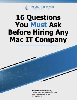 Cover image for guide titled 16 Questions You Must Ask Before Hiring Any Mac IT Company with blue diagonal design.