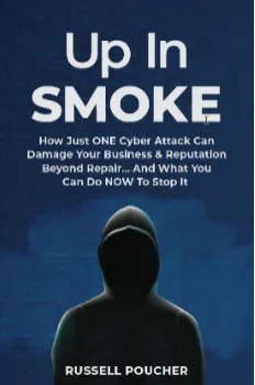 Dark hooded figure against a binary code background with text on cyber attack risks and prevention.