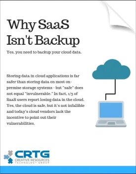 Informational graphic explaining why SaaS is not backup with cloud and laptop icons and text about data safety.
