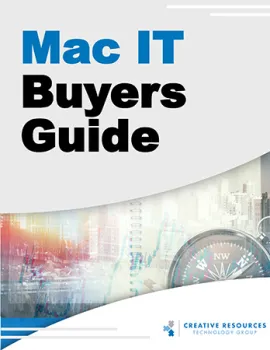 Mac IT Buyers Guide cover with cityscape, compass, and Creative Resources Technology Group logo.