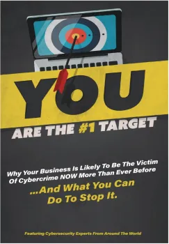 A bold poster warning businesses about cybercrime threats and prevention strategies.
