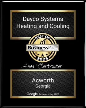 Award plaque for Dayco Systems Heating and Cooling as Best HVAC Contractor 2025 in Acworth, Georgia.