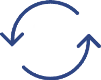 White tooth icon surrounded by two circular blue arrows indicating dental care or tooth renewal.