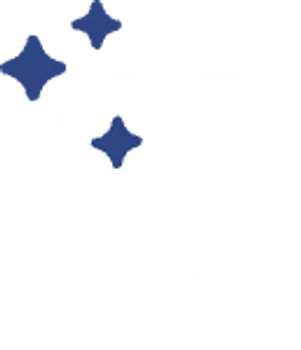 Shining white tooth icon with blue sparkle stars representing dental care and cleanliness.