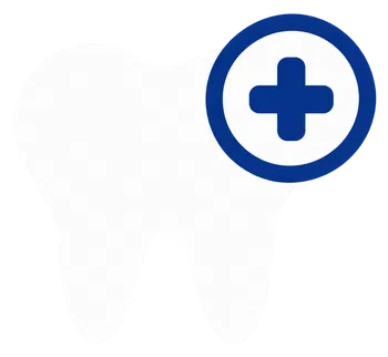 White tooth icon with a blue medical cross symbol indicating dental care or health.