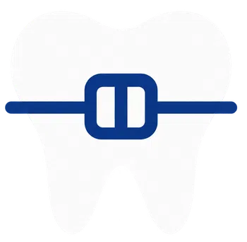 White tooth icon with blue orthodontic brace bracket across the middle on transparent background