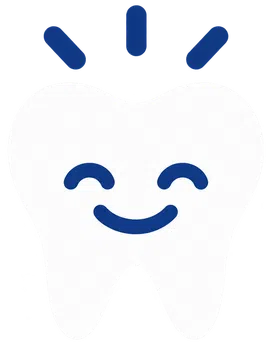 Happy white tooth icon with smiling face and three blue rays on top against a transparent background
