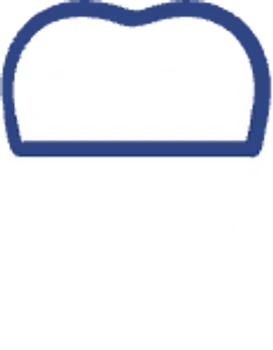 White tooth icon with a blue outline of a dental crown on top, symbolizing dental care and restoration.