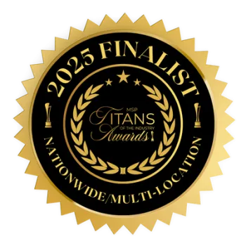 Gold and black seal showing 2025 finalist for MSP Titans of the Industry Awards nationwide multi-location category.
