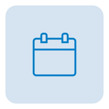 Blue calendar icon with two rings on a rounded square background in blue.