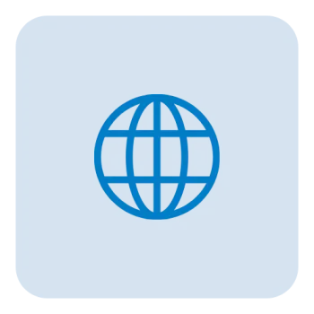 Blue globe icon with horizontal and vertical lines on a rounded blue square background symbolizing global network